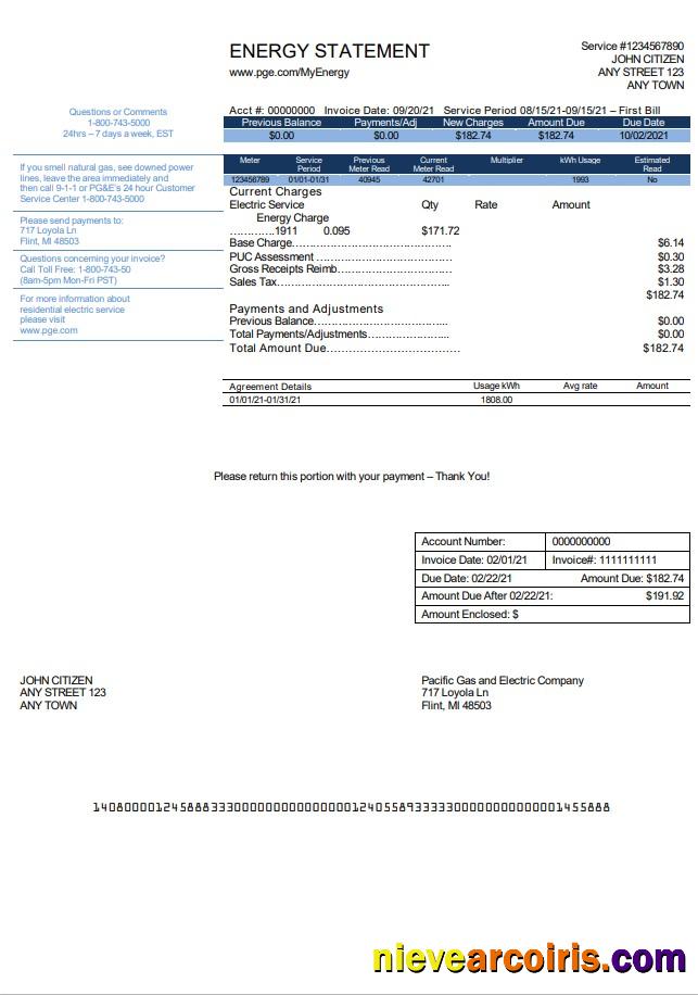 USA California PG&E Pacific Gas and Electric Company utility bill version 2
